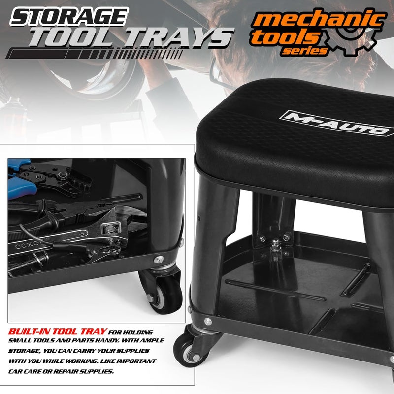 M-AUTO Heavy Duty Garage Rolling Work Seat 300LBS Capacity Mechanics Stool with Wheels, Equipment Tray and Tool Rack, Rectangle Mechanic Roll Chair, Black, ( A03-RS-004-BK) - Image 4